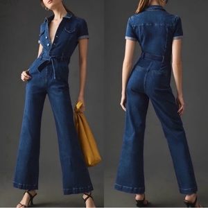 PAIGE Anessa Denim Short Sleeve Belted Jumpsuit in Jelina NWT